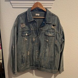 Distressed Denim Jacket with Studded Details